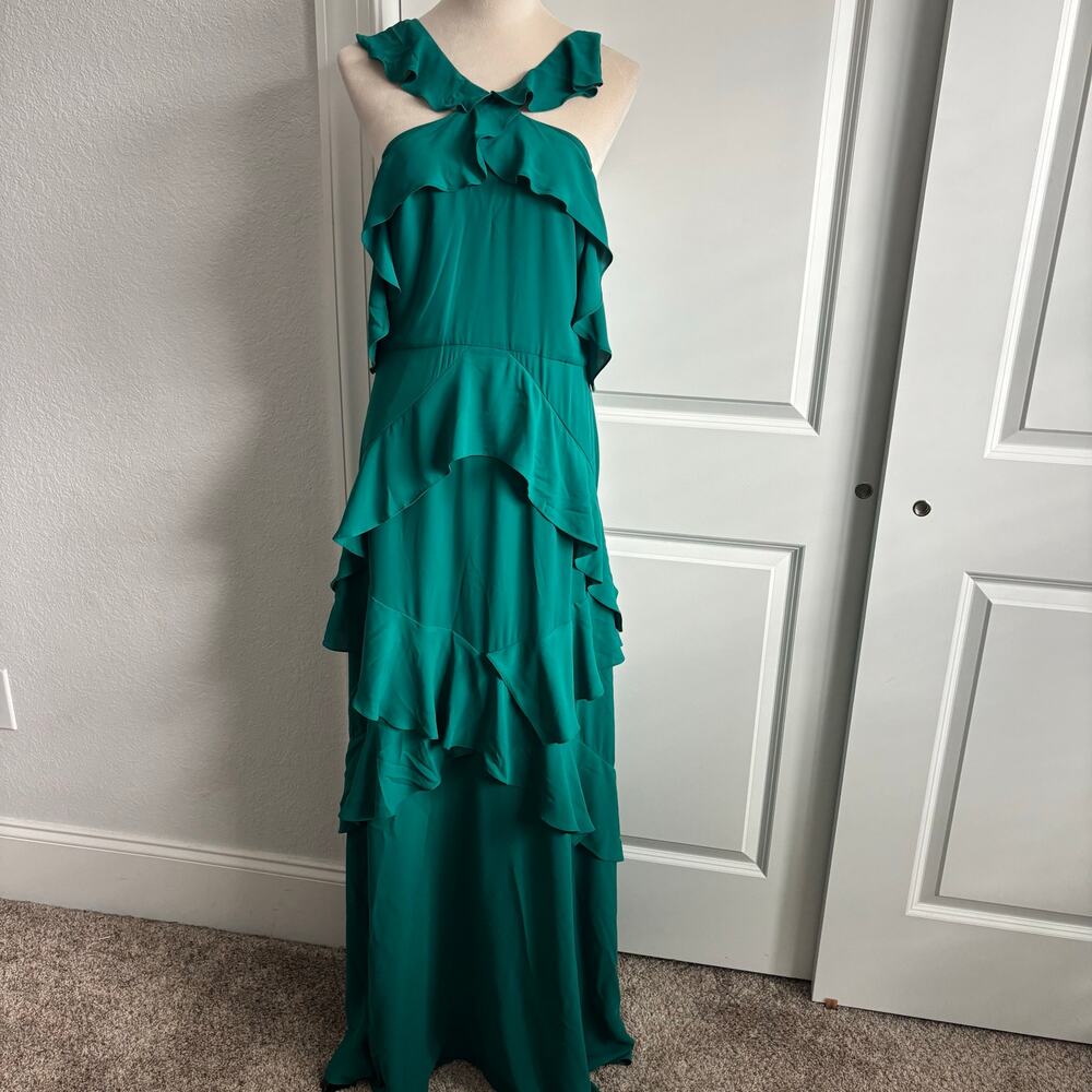 BCBG‎ MAXAZRIA Green Audrianna Georgette Ruffled Halter Dress Gown Sz 12 - Picture 2 of 13